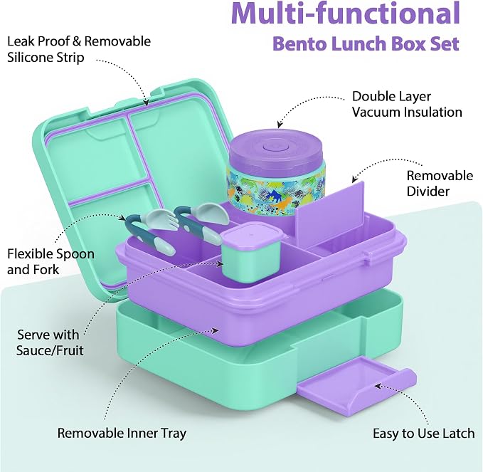 Kids Bento Lunch Box Set with 9.5oz Soup Thermo, Leak-Proof Lunch Food Containers with 3 Compartment and Removable Inner Tray, Insulated Hot Food Jar with Lunch Bag for School, Office, Dinosaur Green