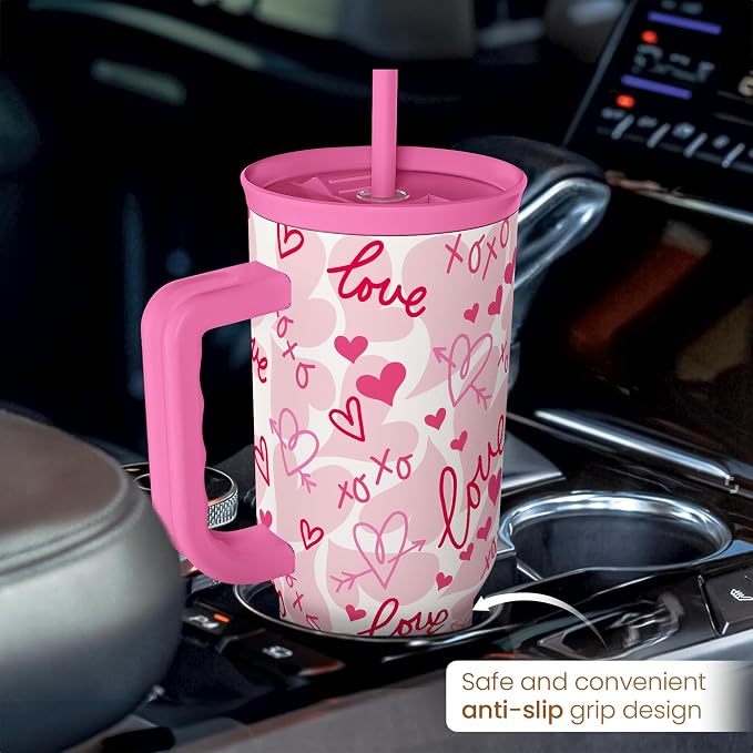 SANDJEST Heart Tumbler with Handle 40oz, Valentines Stainless Steel Insulated Tumblers Coffee Travel Cup with Straw Lid, Gifts for Women Girl
