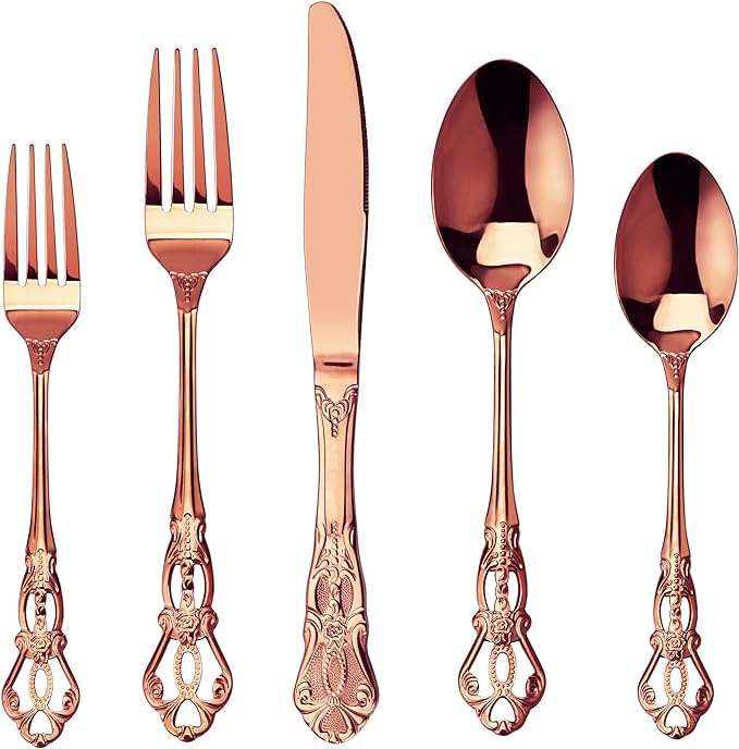 Runfly Gorgeous Retro Royal Rose Gold Stainless Steel 20-Piece Flatware Set | Silverware Set for 4, Anti-rust Cutlery Set Utensils Kitchen Including Fork Spoon and Knife