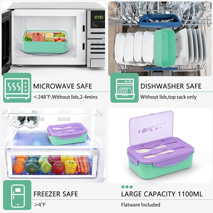 LOVINA Bento Boxes for Adults - 1100 ML Lunch Box Container For Kids Teens | Built-in Spoon & Fork - Durable for On-the-Go Meal, BPA-Free and Food-Safe Materials(Purple Green)