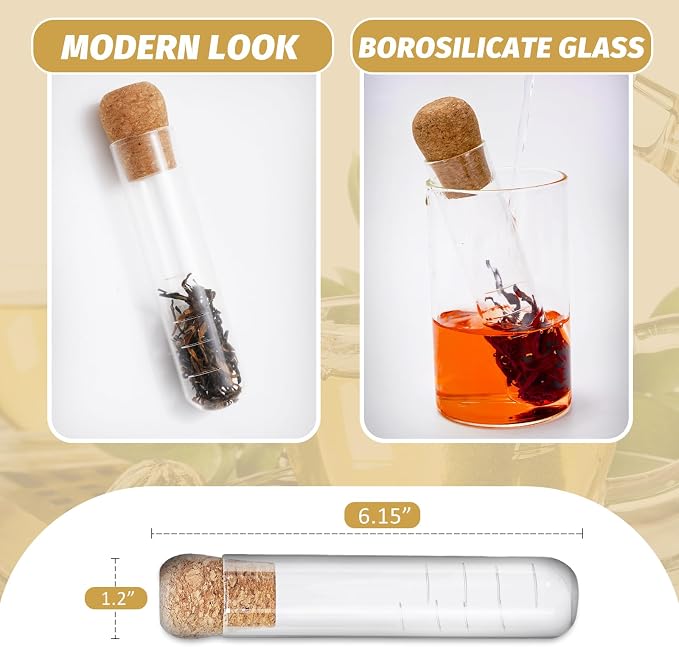 Whaline 6Pcs Glass Tea Strainers Tea Infusers with Corks Loose Long Leaf Tea Steeper Filters Tea Interval Diffuser for Tea Flower Cups Mugs Teapots,5.1 x 1.2 inch