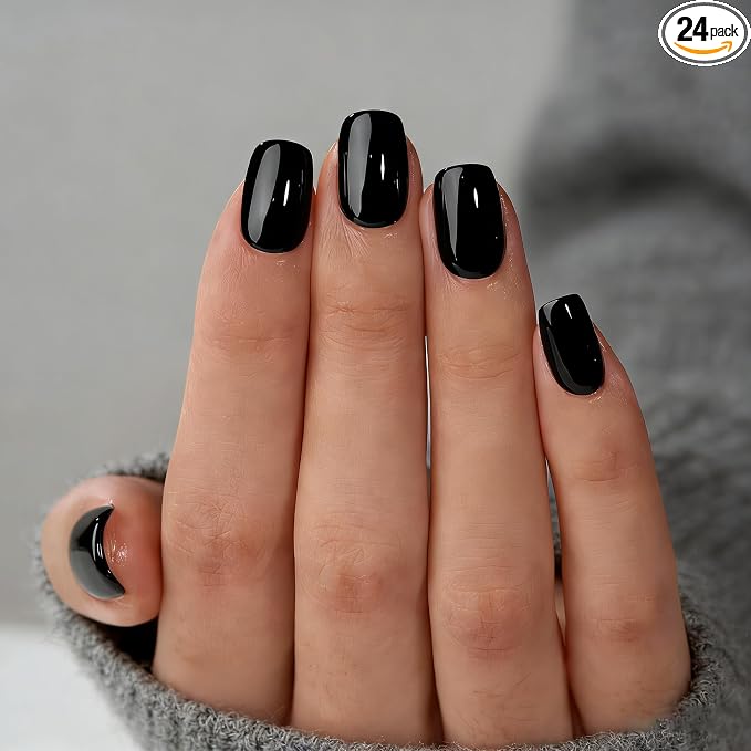 Press On Nails,Black,Short Square | 2+ Weeks Wear,Apply Protective UV coating,Short Square Fake Nails,Salon Quality Nails in 12 Sizes - 24 Nail Kit with Glue