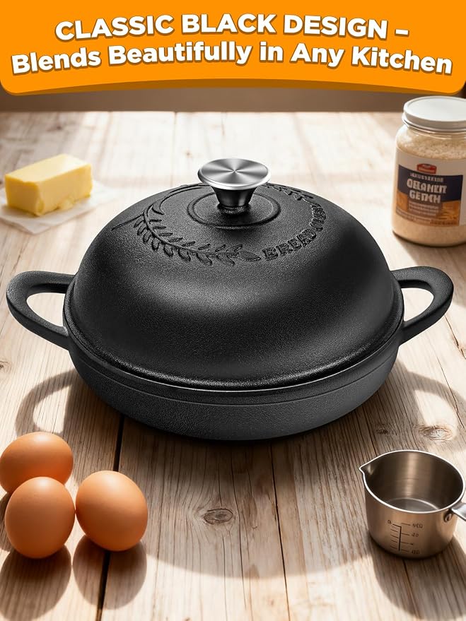 Dutch Oven Bread Baking Pot with Lid 6QT Cast Iron Design & Complete Sourdough Kit (Banneton Basket, Dough Tools, Silicone Sling) for Artisan Bread Making