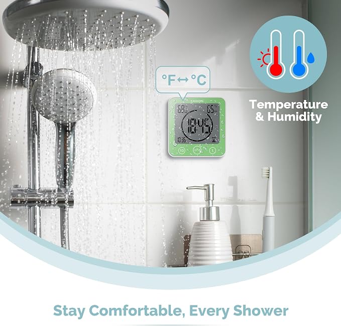 KADAMS Shower Clock Waterproof Bathroom Timer – Digital Wall Clock with Countdown, Magnetic Kitchen Clock with Temperature & Humidity, Suction Cup for Kids Shower Spa Cook Bath (Green)