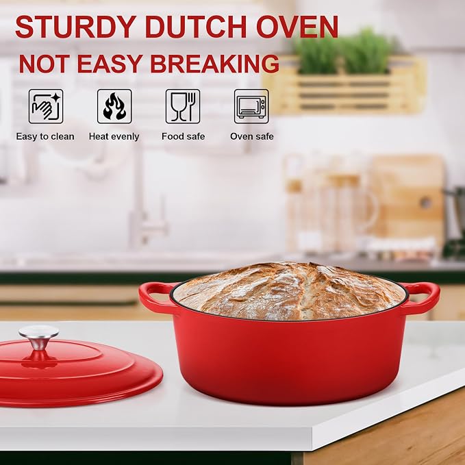 E-far 7QT Oval Dutch Oven Pot with Lid, Enameled Cast Iron Dutch Oven with Dual Handles for Sourdough Bread Baking Cooking, Nonstick Enamel Coated Cookware(Red), Non-Toxic & Easy Clean