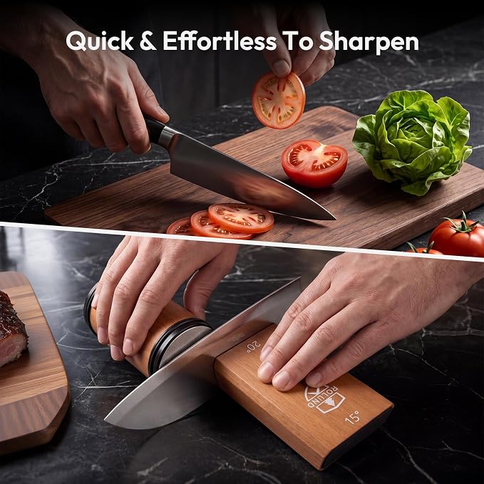Rolling Knife Sharpener Kit Diamond & Ceramic 15°/20° | Easy-to-use manual sharpening tool for kitchen and chef knives with a magnetic angle guide designed for beginners