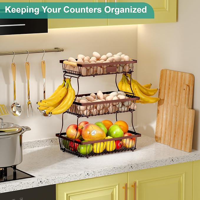 3 Tier Fruit Basket for Kitchen Counter with 2 Banana Hangers, Countertop Metal Fruit Bowl with Wooden Handle, Large Storage Stand for Vegetables, Snacks, Breads, Produce Storage – Brown