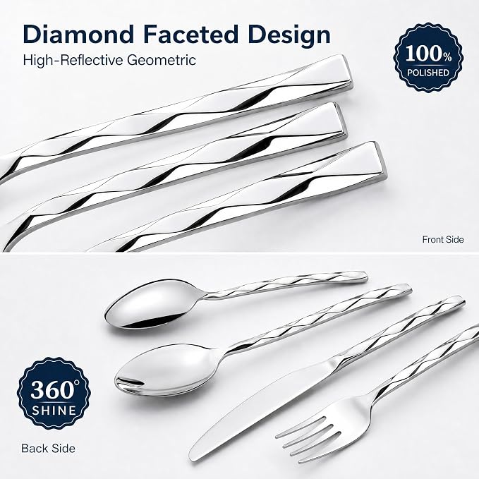 30-Piece Silverware Set for 6, Premium Stainless Steel Flatware Cutlery Set with 3D Diamond Faceted Handles, Mirror Polished & Dishwasher Safe, Modern Kitchen Utensils Set