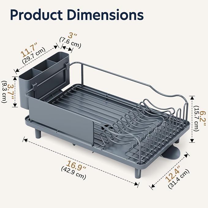 KINGRACK Dish Drying Rack for Kitchen Counter, Dish Drainer with Cup Holder | 16.9"L x 12.4" W Dish Rack with Spacious Drying Capacity, Quick Auto Dish Drainer for Plate Dish Dinnerware, Blue