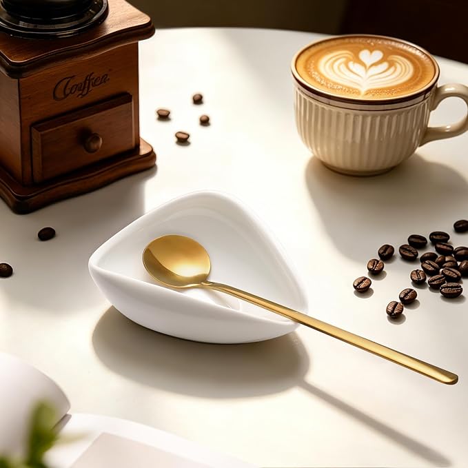 Coffee Bar Accessories: Espresso Accessories - Coffee Stirrers for Hot Cocoa Bar Supplies - Set of 4 Gold Decor Coffee Spoons with 1 Ceramic Spoon Rest - Ideal CoffeeLover Gifts