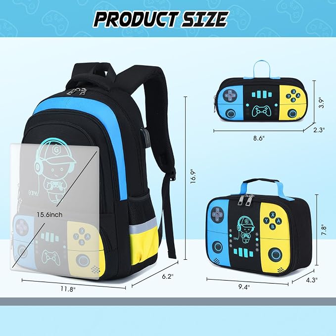 Backpack for School Boys, Cool Luminous Gamer Boys Schoolbag | with Lunch Box & Pencil Case Set for Kids Teens Elementary Middle School, Bookbag Glow In The Dark