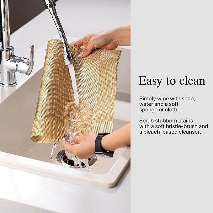 Placemats Set of 8 - Easy Clean Woven Vinyl Placemats for Dining Table, Indoor/Outdoor Place Mats, Washable PVC Table Mats（Gold Cube）