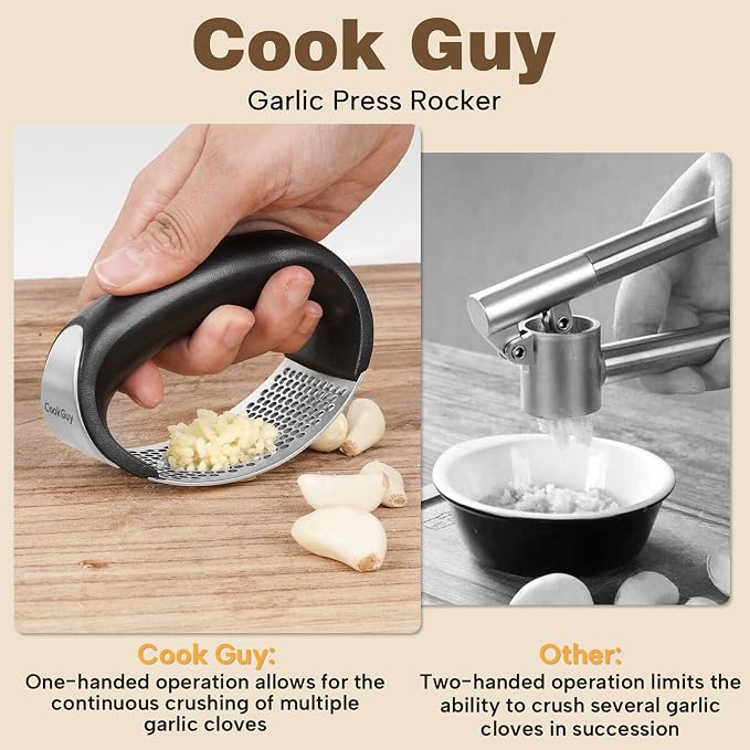 Cook Guy 304 Stainless Steel Garlic Press Rocker Set | Premium Garlic Mincer, Crusher, Peeler and Scraper Tool for Effortless Mincing - Comfortable Grip Garlic Grinder (Silver)
