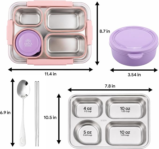 Large 11" x 8" Stainless Steel Bento Lunch Box for Adults with 4 Compartments Leakproof Lid BPA-Free 304 Stainless Steel Food Container That Keeps Food Separate, Ideal for Office and Travel use, Pink