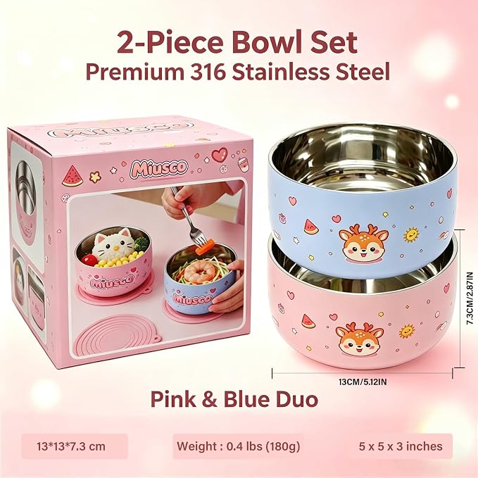 316 Stainless Steel Bowls for Kids 5 Inch - 33oz Toddler Bowls 2-Pack with Cute Animal Print, Non Toxic Dishwasher Safe Baby Bowls for Soup Dessert, BPA Free Unbreakable, Birthday Gift - Pink & Blue