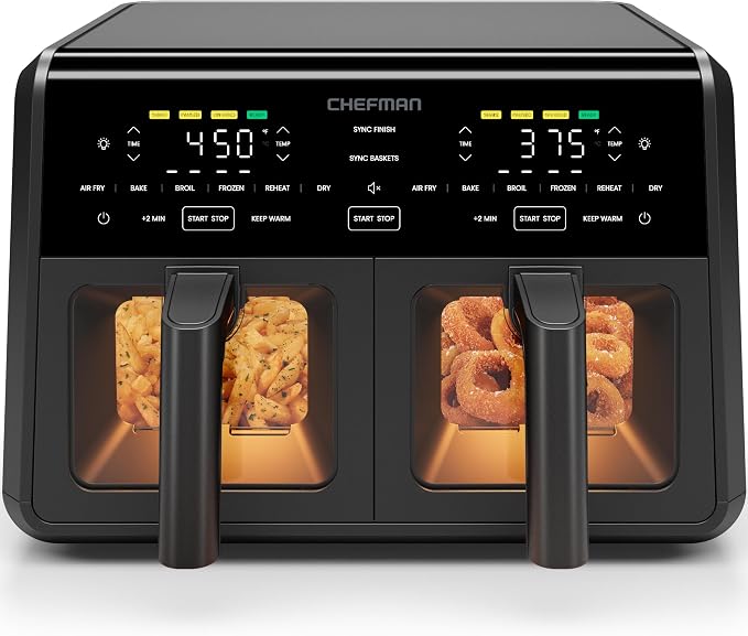 Chefman Dual Air Fryer Oven with DC Motor, 9 Qt. Double Basket Air Fryer with 450°F Max Temp for Meals in Minutes, Bake, Broil, Dehydrate, Reheat for Extra-Crispy Chicken, Fries, and More - Black