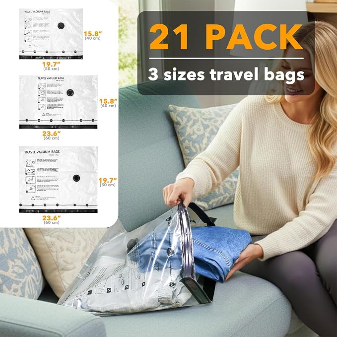 SpaceAid Travel Vacuum Bags for Luggage with Electric Pump, 21 Pack Vacuum Seal Bags for Clothing Travel, Space Saver Compression Bag for Backpack and Suitcase
