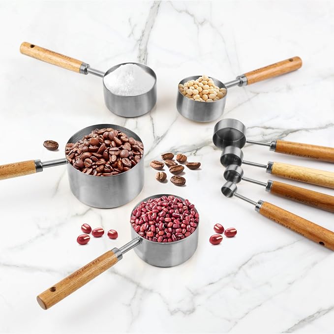 Measuring Cups and Spoons Set，Measuring Cup Set with Wooden Handle and Metric and US Measurements，Silver Polished Finish，for Cooking and Baking in The Kitchen (8 Piece)