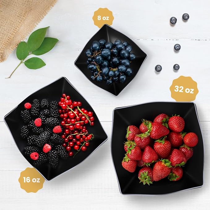 R-kay 6 Pack Square Plastic Serving Bowls - Black Plastic bowls 8 Oz - Disposable Serving Bowls, Disposable Heavy Duty For Weddings Catering And Birthday parties