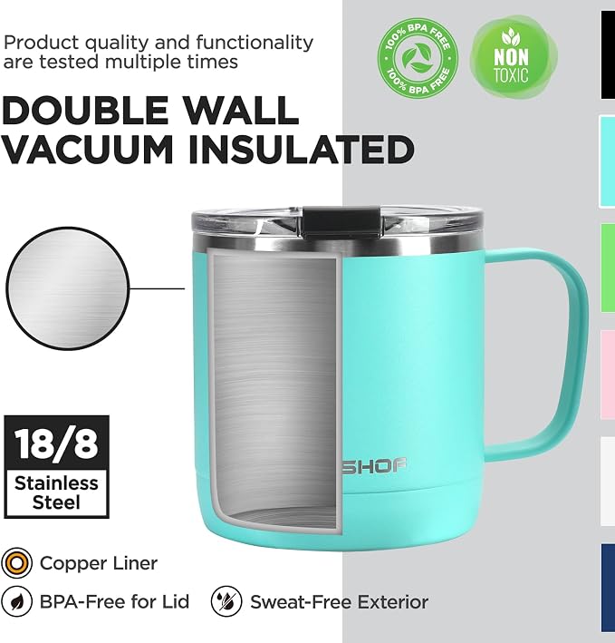 HAUSHOF 14 oz Coffee Mug, Insulated Coffee Mug with Handle, Travel Camping Cup, Portable Stainless Steel Coffee Cup, Insulated Coffee Cups with Lid, Lake Blue