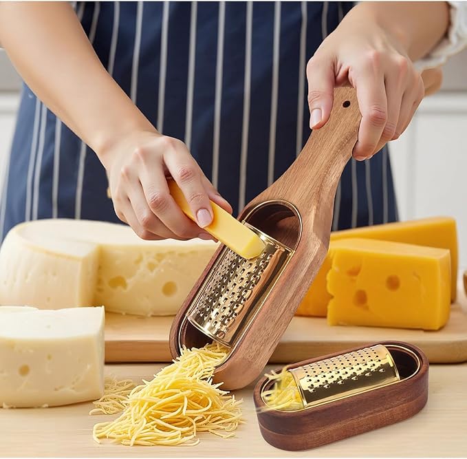 Box Cheese Grater With Container Stainless Steel Parmesan Cheese Grater With Wood Handle Shredder Zester Grater Box Kitchen Handheld Cheese Spoon Grater-Gold Colour (With Handle)