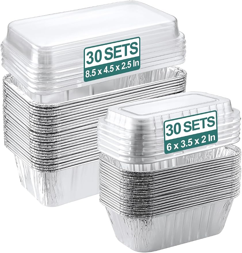 NEEBAKE 60 Pack Disposable Aluminum Loaf Pans with Lids Combo Set - 30 Pack 8.5x4.5x2.5 Foil Loaf Pans & 30 Pack 6x3.5x2 Mini Tin Foil Baking Pans Tin Trays Food Containers for Baking Cakes Bread Meat