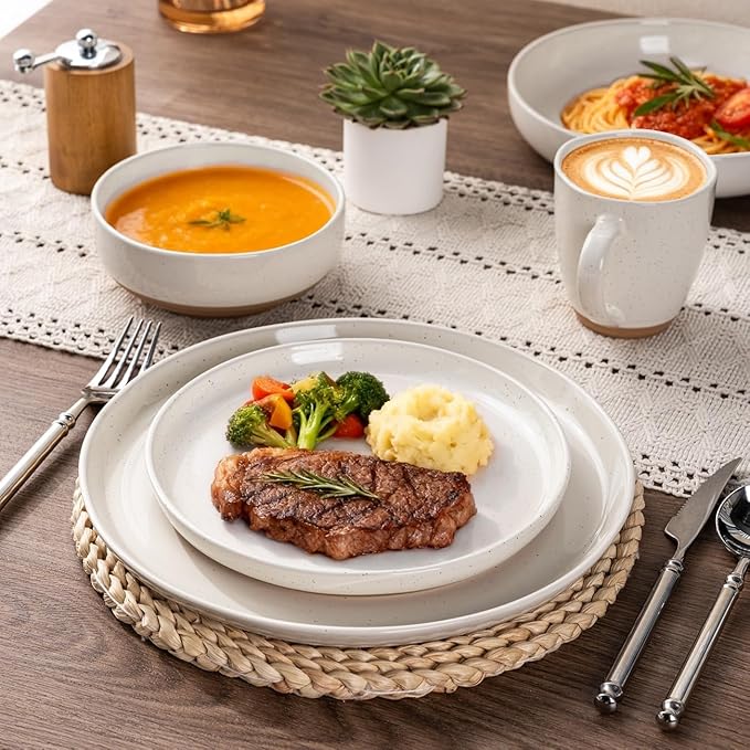 AmorArc Dinnerware Sets for 8, 24 Pieces Ceramic Plates and Bowls Set | Scratch Resistant Stoneware Dishes Set, Dishwasher & Microwave Safe, Light Beige
