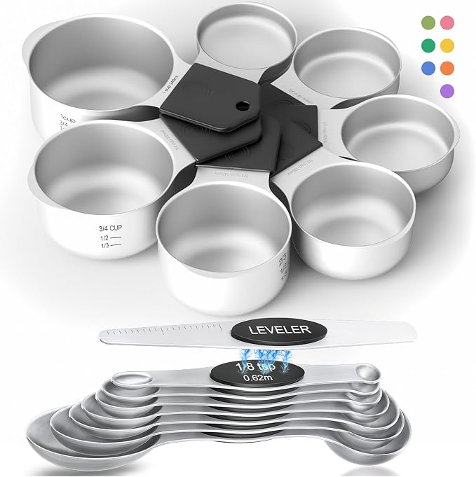 Magnetic Measuring Cups & Spoons Set|304 Stainless Steel Dual Scale Set of 15, Strong N52 Magnetic Nesting Design with Leveler, for Dry&Liquid Ingredients, Dishwasher Safe(Black)