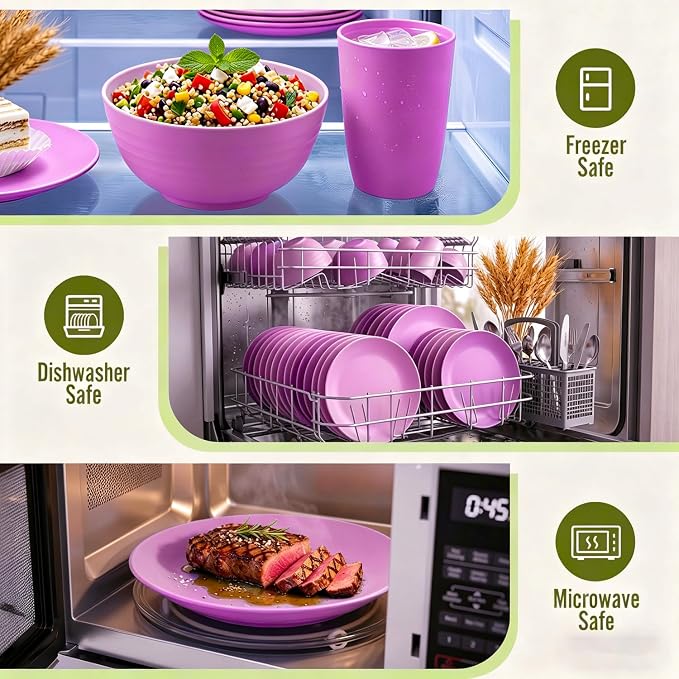 Wheat Straw Dinnerware Set 40 PCS | Service for 8 | Unbreakable Plates and Bowls Sets Plastic Reusable Dishes Sets Dinner Plates, Cereal Bowls, Water Cups Kitchen Set for Home RV- Pink