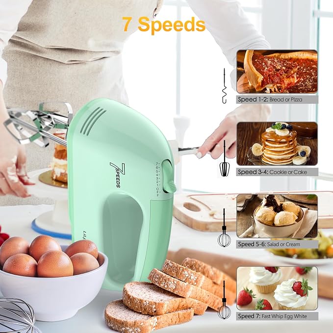 LILPARTNER Hand Mixer Electric, Ultra Power Kitchen Hand Mixer With 7-Speed & 5 Stainless Steel Accessories for Whipping Dough, Cream, Cake, Dishwasher Safe, Light Green