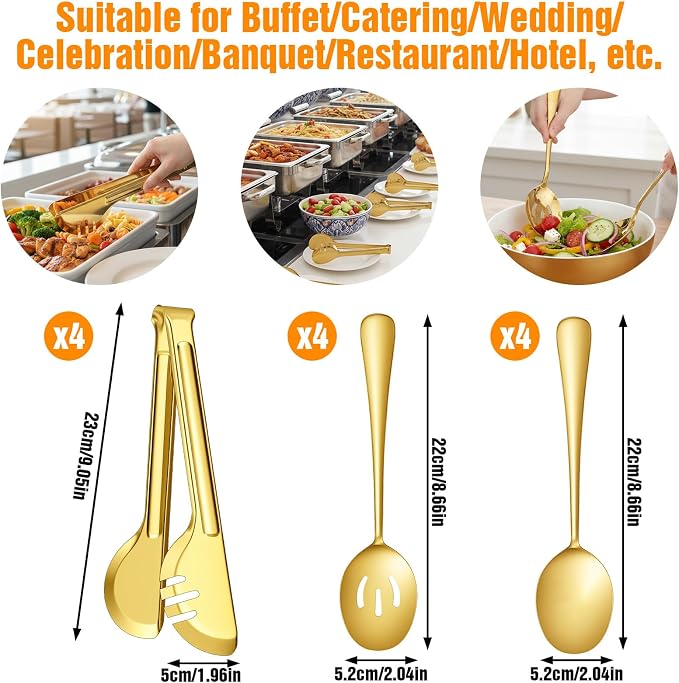 12PCS Gold Stainless Steel Serving Utensils, Large Serving Spoons,Slotted Spoons Servings Tongs Appetizer Tongs for Buffet Catering Banquet Party (Gold)