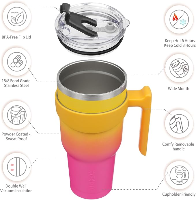 BJPKPK 40 oz Tumbler with Handle & Straw, Insulated Stainless Steel Mug | Double Wall Vacuum, Keeps Hot/Cold, Thermal Cup, BPA Free, Dishwasher Safe, Cupholder Fit, Coffee & Travel, Pink Yellow Rose