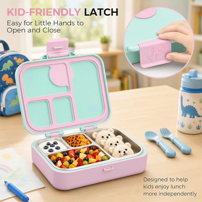 Kids Stainless Steel Bento Lunch Box, 4 Compartments | Leak-Resistant 4 Cups Lunch Container for Ages 4+ with Easy-Open Latch, Removable Seal & Meal Feedback Icon