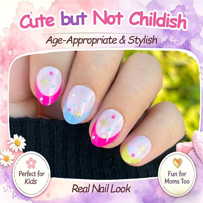 24pcs Press on Nails for Kids, 3D Polka Dot Star for Teenager Girls 8-12 | Colorful Almond French Tip, 12 Size, Non-Toxic, Fashion Nail Kit with Adhesive Tabs, Nail File for Christmas, Birthday, Party