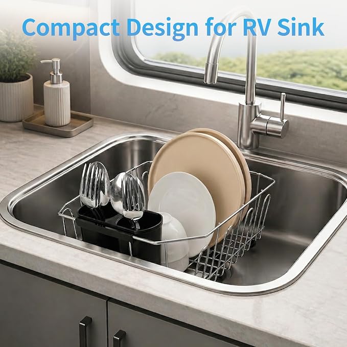 Small in Sink Dish Drying Rack - Stainless Steel Compact Inside Sink Dish Drainer for RV Kitchen Apartment Sink, Rust Resistant Kitchen Organizer for Plates, Bowls in Sink, 11.6" W x 13.4" L, Silver