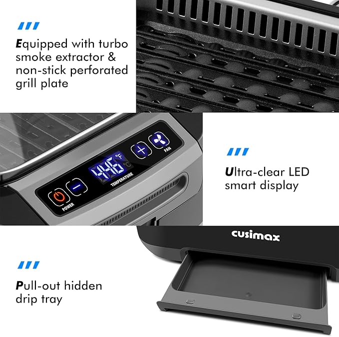 CUSIMAX Smokeless Indoor Grill, 1500W Electric Grill Korean BBQ Grill Black | Adjusting Temperature/With Smart LED Display/Turbo Smoke Extractor/Non-stick Removable Grill Plate/Tempered Glass Lid