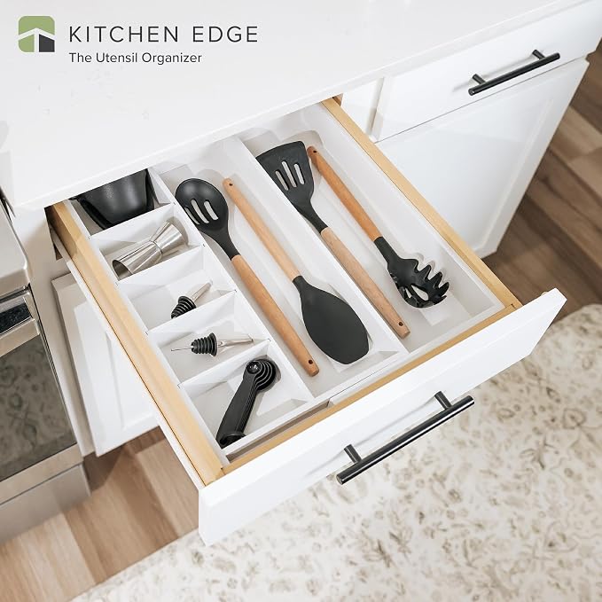 Utensil & Junk Drawer Organizer, 10.5-19 in, White Bamboo | Food-safe contract grade, 100% sustainable wood, non-slip, adjustable