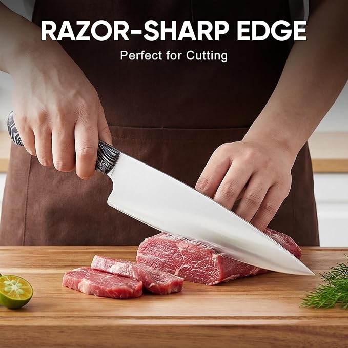 Topfeel 3-Piece Kitchen Knife Set, 5Cr15MoV High Carbon Stainless Steel | Includes 8-inch chef knife, 8-inch meat cleaver and 5-inch utility knife with full-tang acrylic handles and gift box