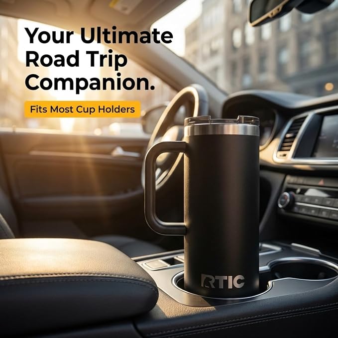 RTIC 20oz Road Trip Travel Mug with Lid and Handle, Ceramic Lined, Insulated, Stainless Steel, Metal, Double Wall Vacuum-Insulation, Portable Coffee, Tea Cup for Hot and Cold Drink, Midnight