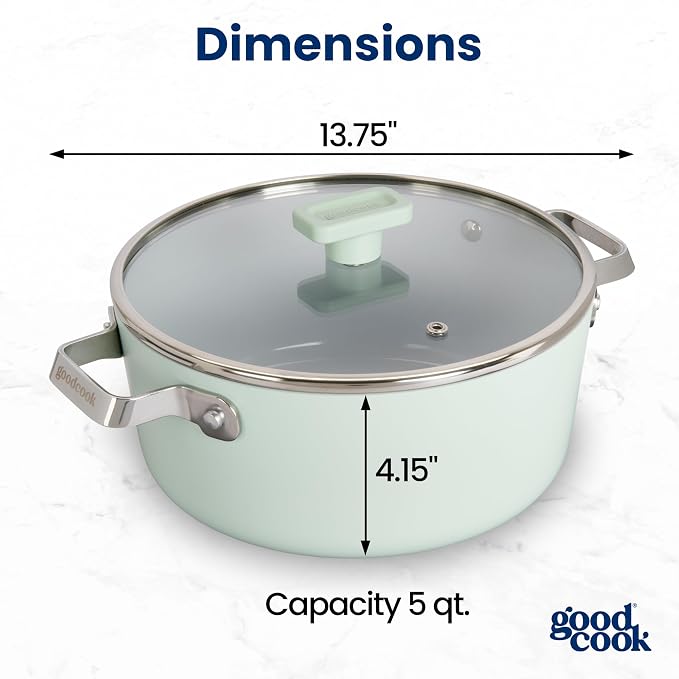 GoodCook Ceramic Dutch Oven with Lid, Induction Compatible, Nonstick and Oven Safe, 5-Quart, Sage Green