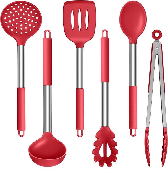 LIANYU Silicone Kitchen Utensils, 6 Pcs Cooking Utensils Spatula Set, Red | For Nonstick Cookware, 446°F Heat Resistant Kitchen Spatula Gadgets Tools, Stainless Steel Handle, Food Grade