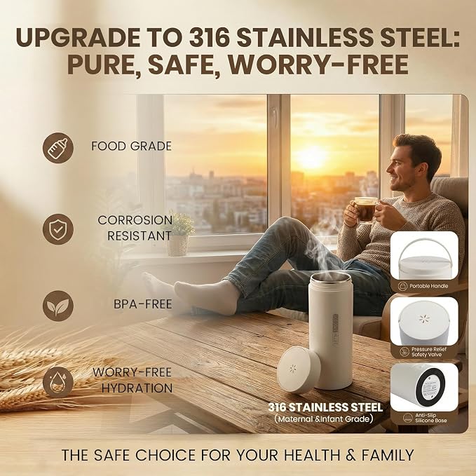 Travel Tea Kettle（120V）, Portable Electric Kettle, 316 Stainless Steel Premium Liner, 4-speed Temperature Adjustment with Auto Shut-off and Boil-Off Protection,White.