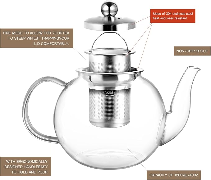 CNGLASS 40oz Glass Teapot with Removable Infuser,Clear Tea Kettle Stovetop Safe,Blooming and Loose Leaf Tea Maker Set