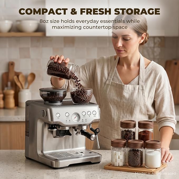 6 Pack 8 oz Glass Jars with Lids, Tall Small Mason Jars with Airtight Acacia Wood Lid, Glass Food Storage Containers for Coffee Bar, Loose Tea, Hot Cocoa & Apothecary Decor
