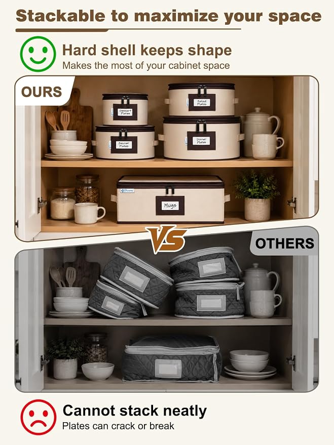 punemi 6-Piece Hard Shell China Storage Containers with Dividers, Stackable Dinnerware Storage Boxes for Plates, Mugs & Cup Organizer, Wine Glass Storage Boxes, Moving Boxes for Stemware, Beige