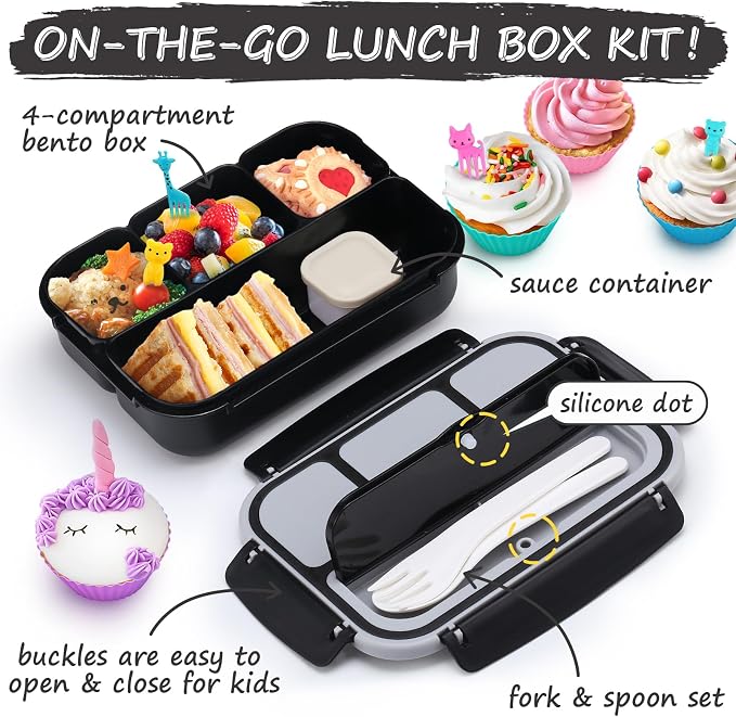 QQKO Bento Box for Kids Adults, School Toddler Lunch Box for Boys Girls, Lunch Box Containers with 4 Compartments, Sauce Container, Utensils, Food Picks and Muffin Cups for School, Black Gray