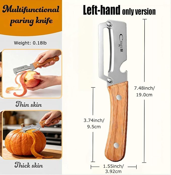 Left-Handed Vegetable Peeler Wooden Stainless Blade for Fruit Potato | Multifunctional,Thickened Sharp Stainless Blade,Anti-slip,Zero Snag,Built-in Bottle Opener for Carrot Pumpkin Sugarcane