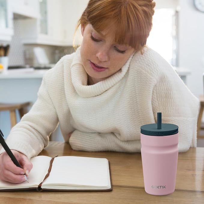 COKTIK 16oz Insulated Tumbler with Lid and Straw Iced Coffee Cup Reusable Stainless Steel Travel Mug Water Bottle Cupholder Friendly for Women Men Her Him (Blush)