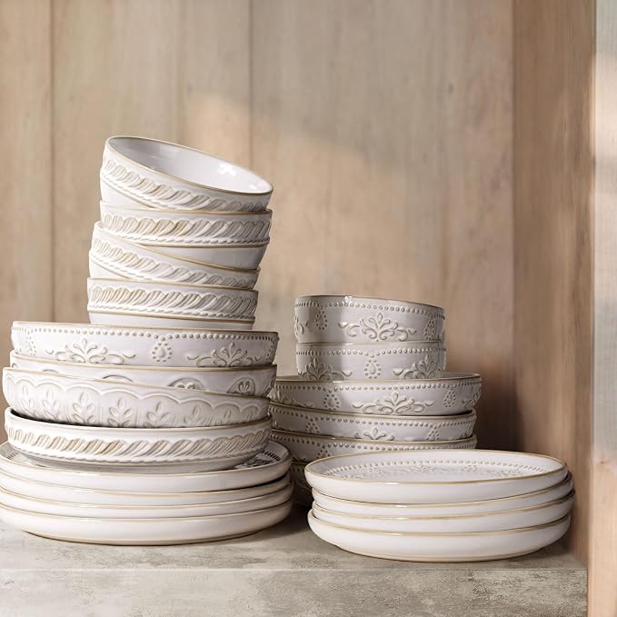 Pasta Bowls, 50oz Large Salad Serving Bowls, 9.75'' Plates Bowls Set of 4, Big White Ceramic Soup Bowls for Kitchen, Embossment Shallow Dinner Bowl, Microwave Dishwasher Safe, Willow Leaf