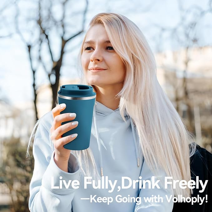 Volhoply 12 oz Double Wall Insulated Vacuum Travel Coffee Mug with Flip Lid,Reusable Stainless Steel Leak Proof Coffee Cup,Portable Iced Cafe Thermal Tumbler Suitable for Hot & Cold Drinks(Bule,1 Set)